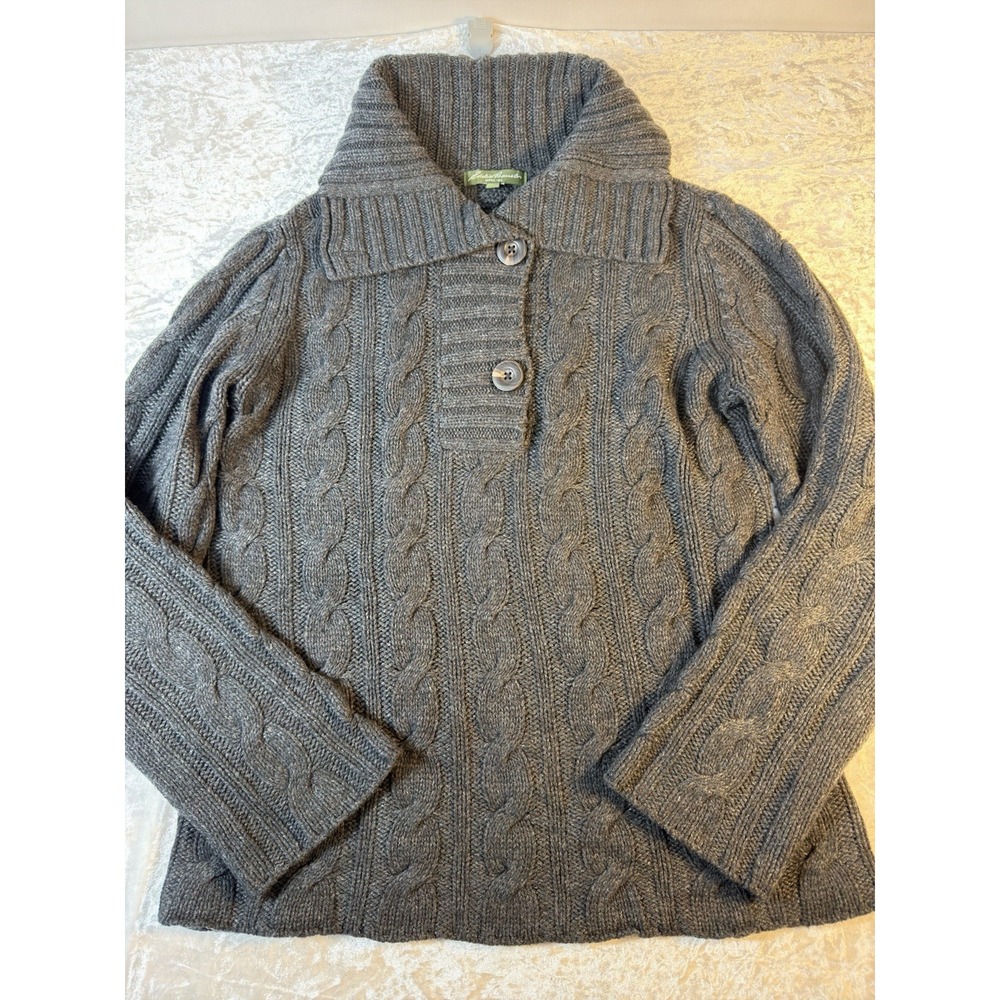Eddie Bauer Women's L Merino Wool Cable Knit Sweater Shawl Collar Gray